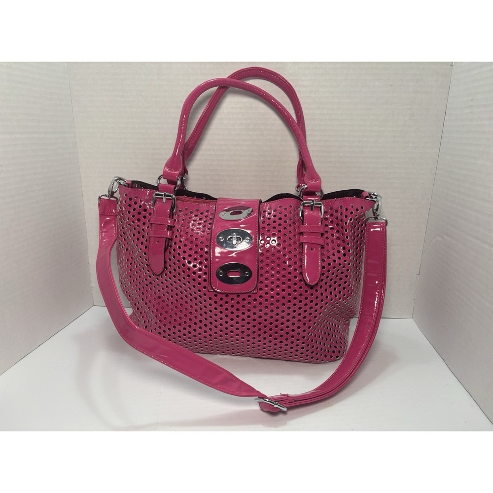 Y2K Charming Charlie Hot Pink Perforated Patent Satchel Crossbody Bag‎